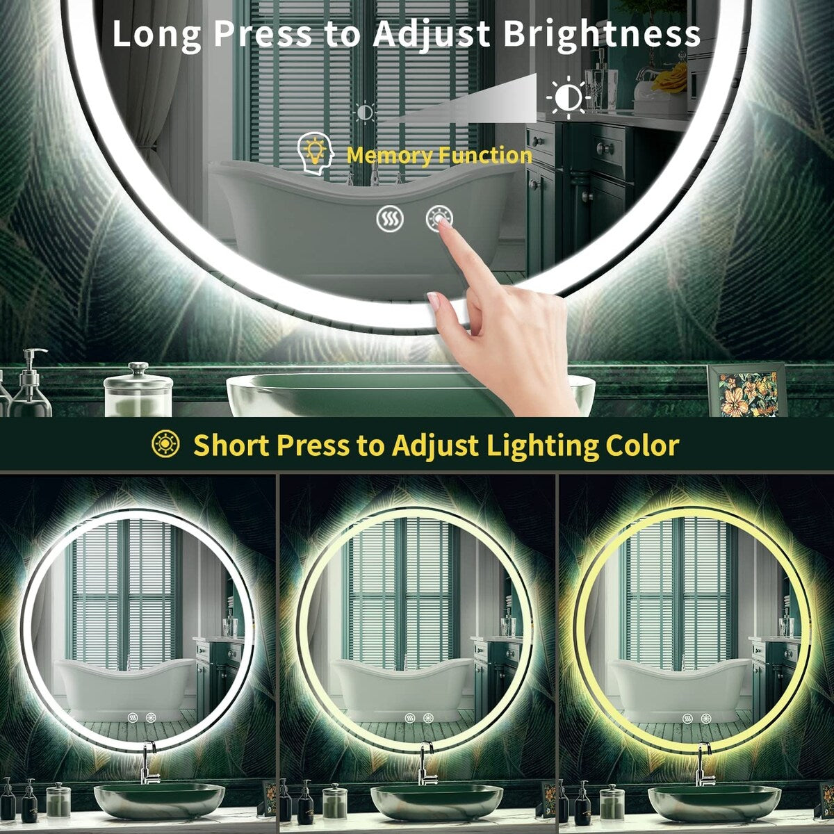 Miroir de courtoisie arrondi sans cadre, éclairé par LED, à intensité variable et antibuée