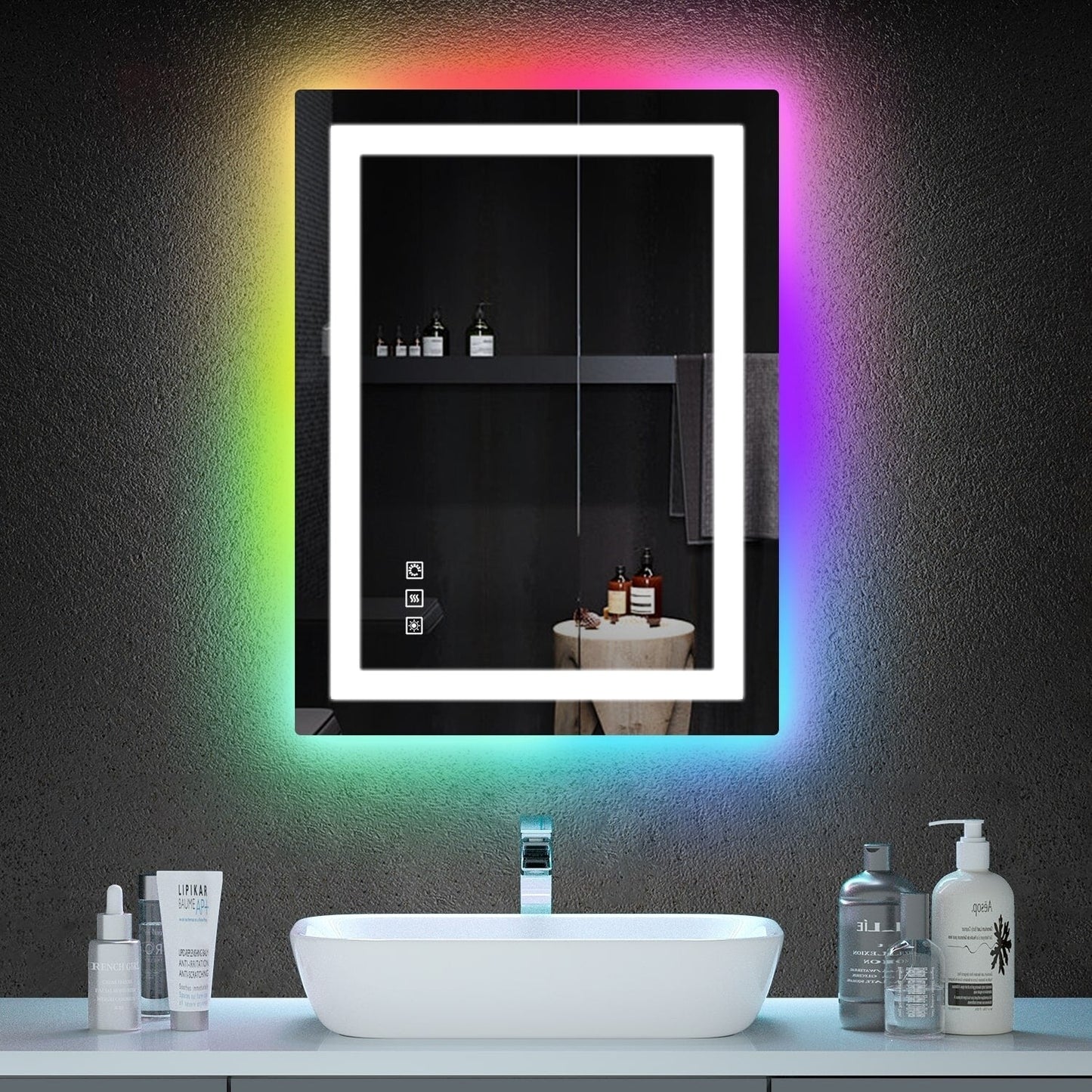 Miroir de salle de bain antibuée rétroéclairé RGB et éclairé par LED