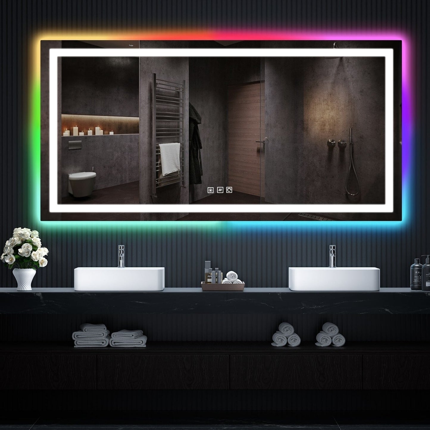 Miroir de salle de bain antibuée rétroéclairé RGB et éclairé par LED
