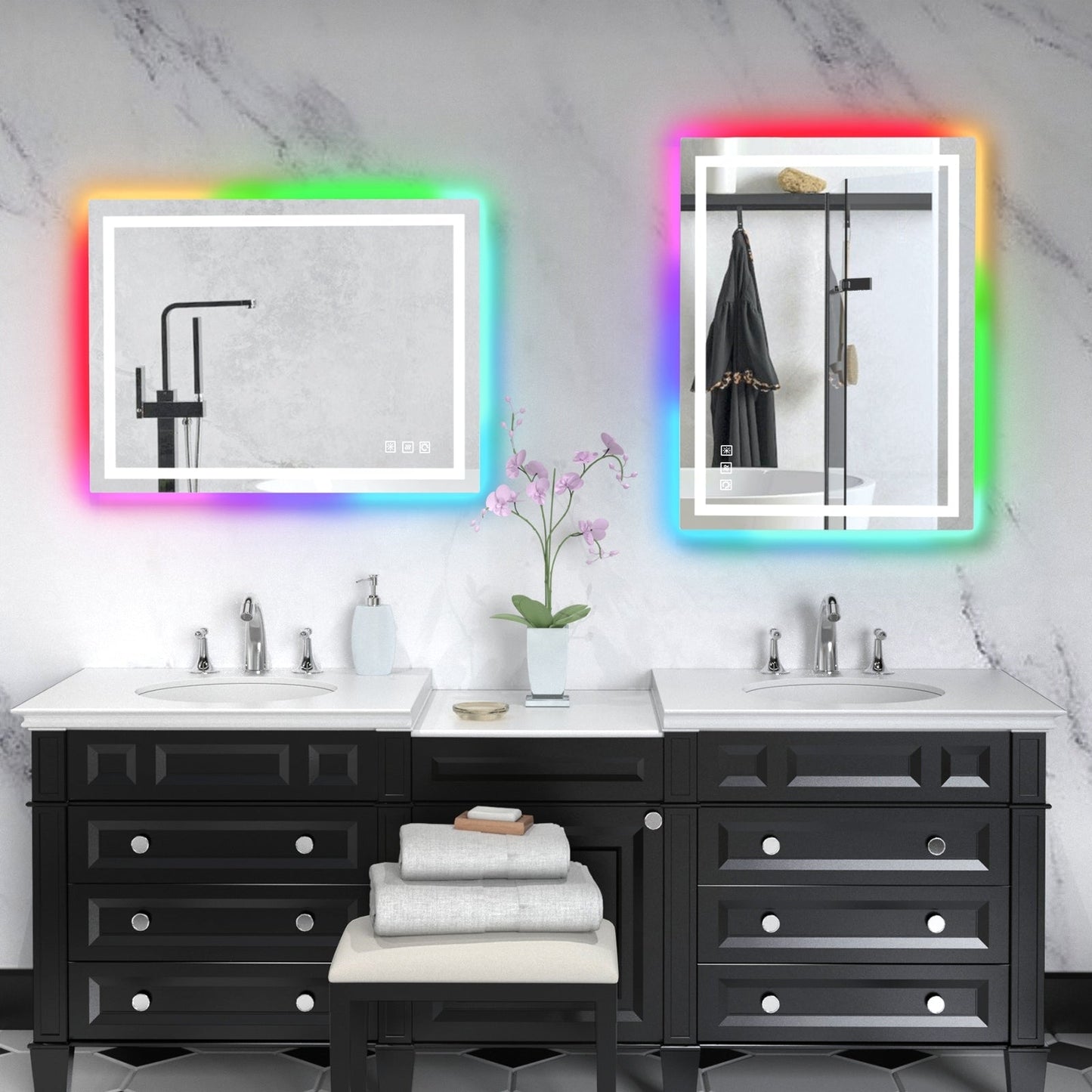 Miroir de salle de bain antibuée rétroéclairé RGB et éclairé par LED