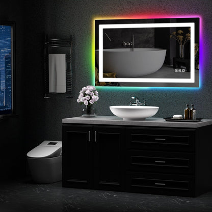 Miroir de salle de bain antibuée rétroéclairé RGB et éclairé par LED