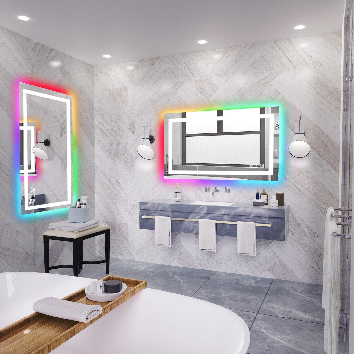 Miroir de salle de bain antibuée rétroéclairé RGB et éclairé par LED