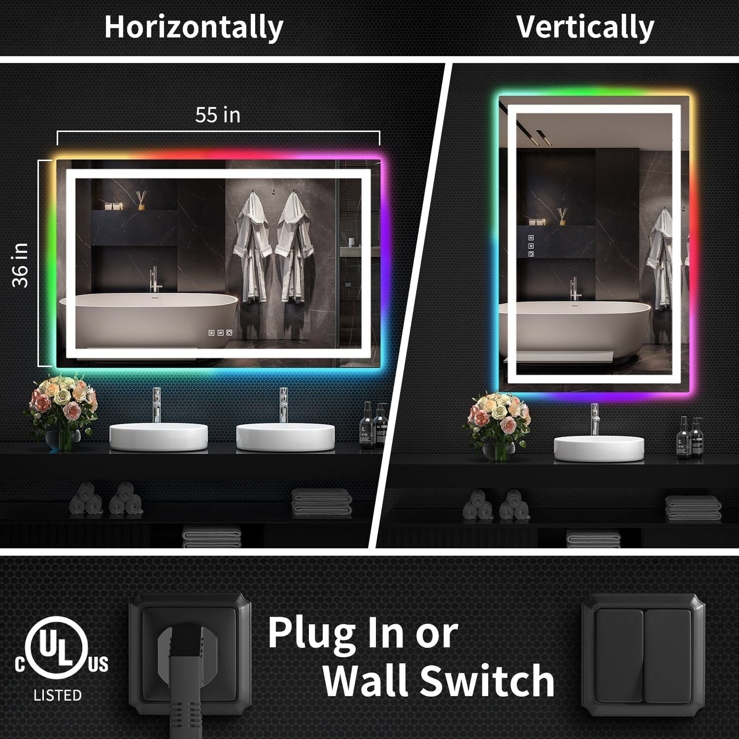 Miroir de salle de bain antibuée rétroéclairé RGB et éclairé par LED