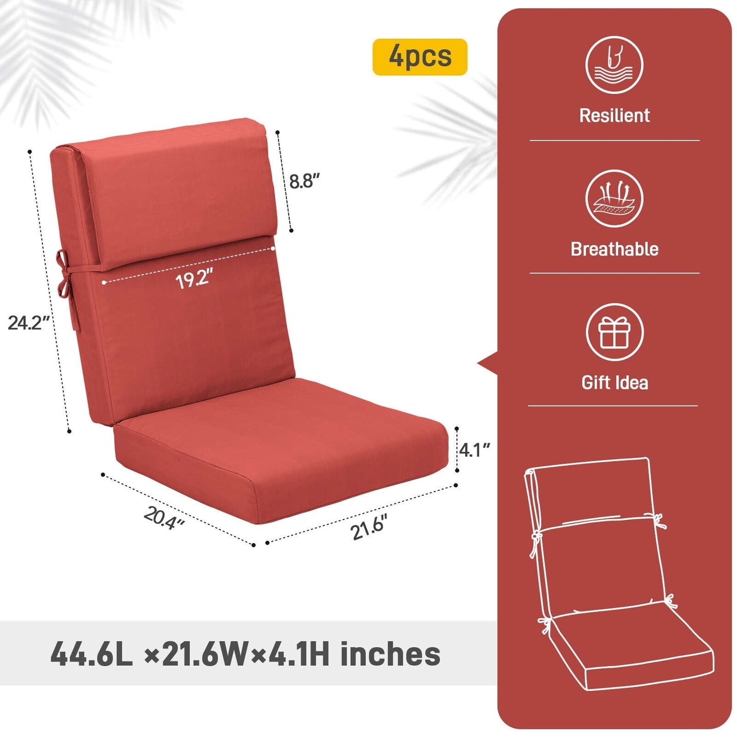 Ensemble de 4 coussins pour chaise de patio à dossier haut Aoodor, 46 x 21 x 4 pouces (coussins seulement)