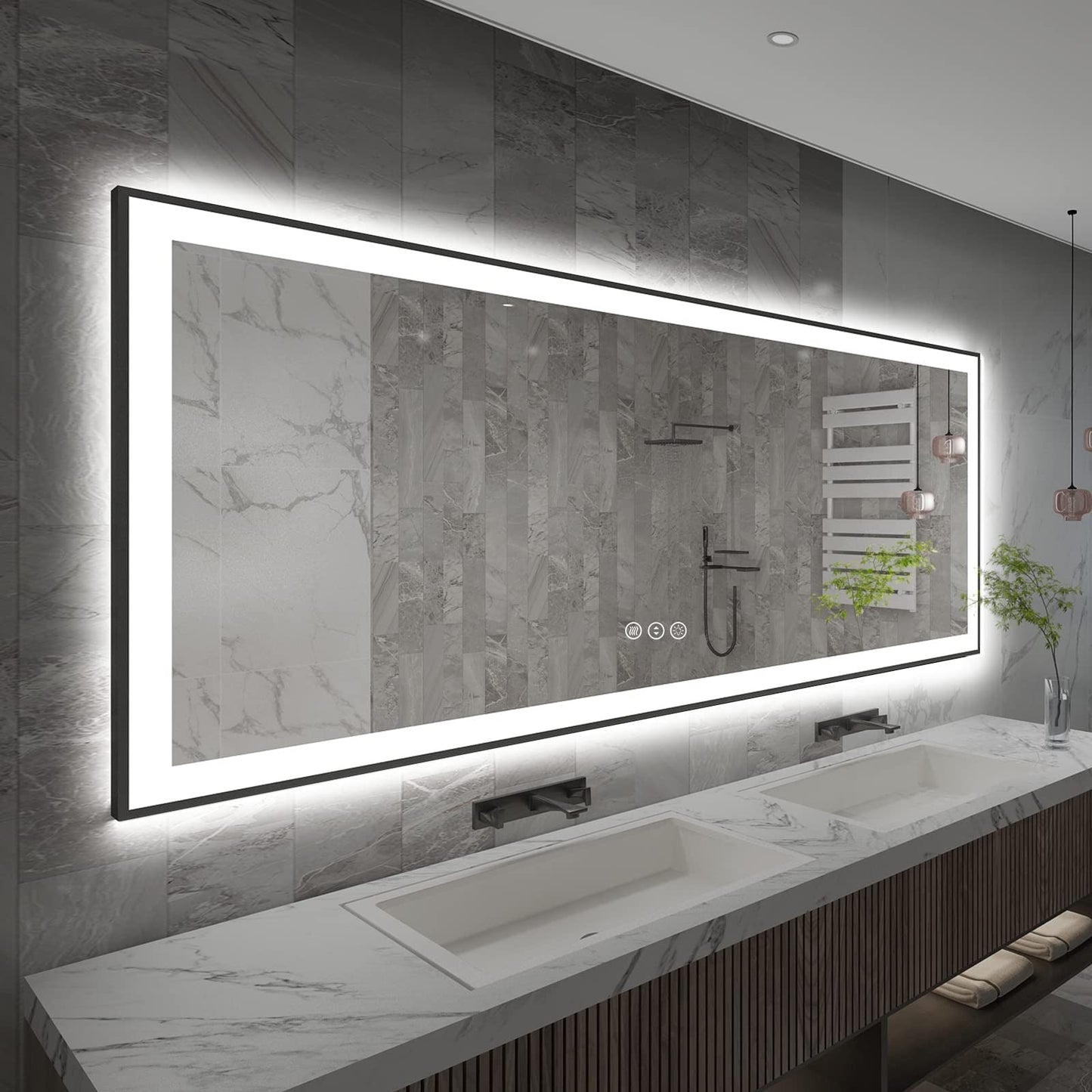 Miroir de salle de bain mural pleine grandeur avec éclairage LED avant et arrière, encadré en verre trempé antibuée et rétroéclairage LED.