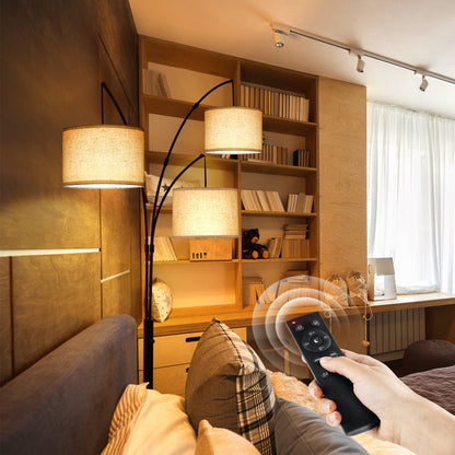 Lampadaire LED arqué à 3 lumières, dimmable, moderne, noir, haut.