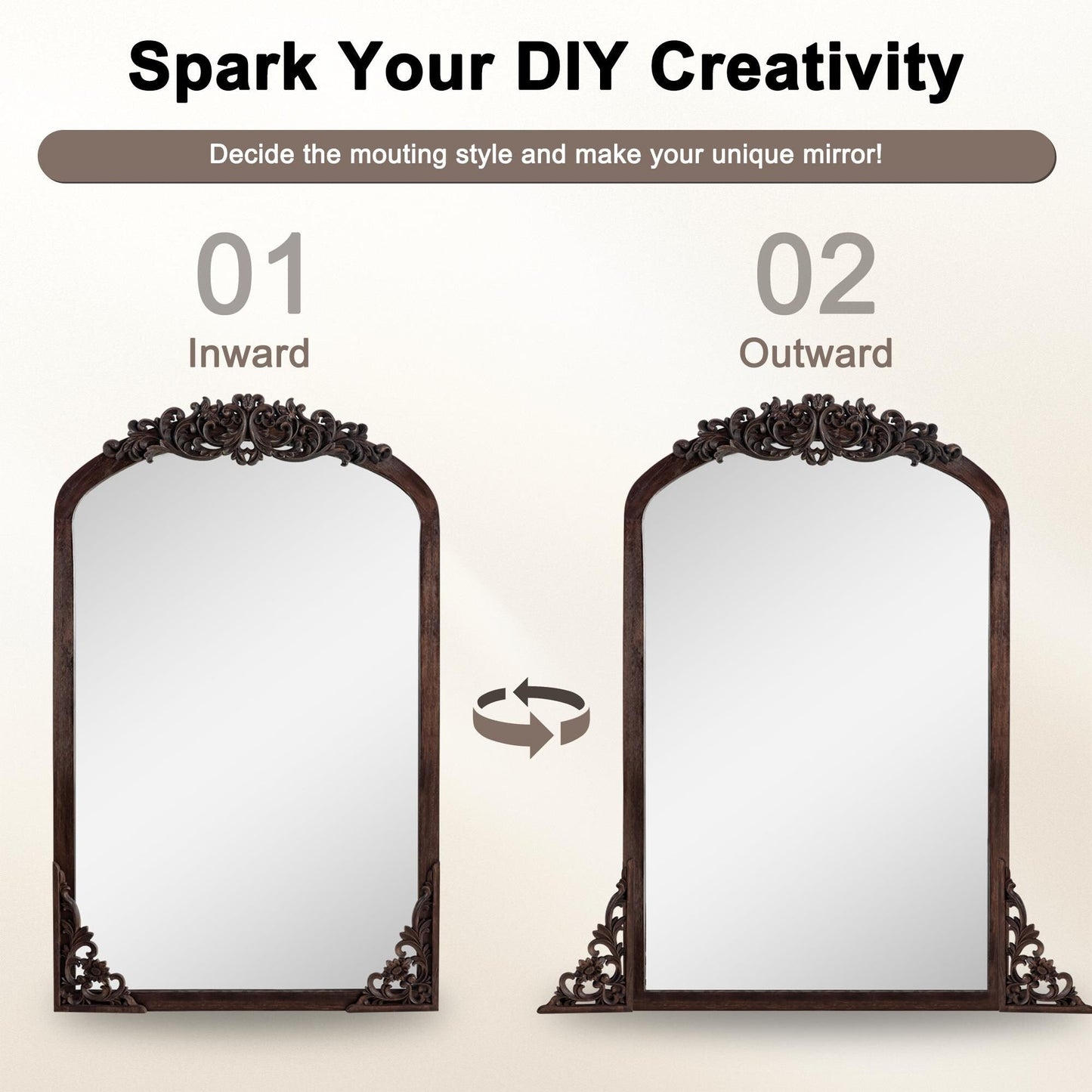 Miroir sur pied arqué en bois massif sculpté