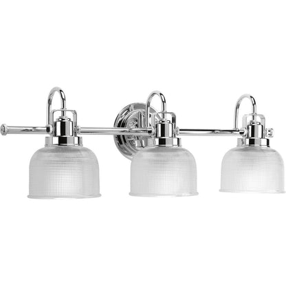 Applique murale de salle de bain style bord de mer, collection Archie, trois lumières, chrome poli, double verre prismatique transparent - 8,75 x 26,25 x 7,25
