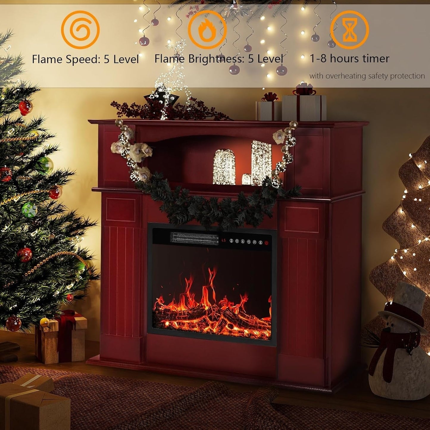 Cheminée électrique BOSSIN 43 avec manteau, insert de cheminée électrique de 58 cm (23 pouces), meuble TV autoportant avec foyer en bois