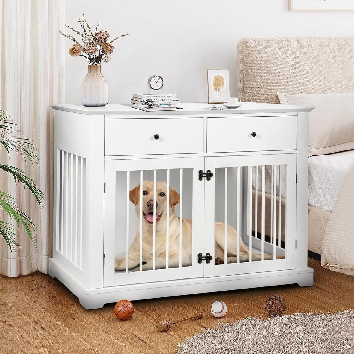Meuble pour cage de 112 cm (44 pouces) BOSSIN, niche en bois avec table d'appoint et tiroirs de rangement, niche décorative pour animaux de compagnie