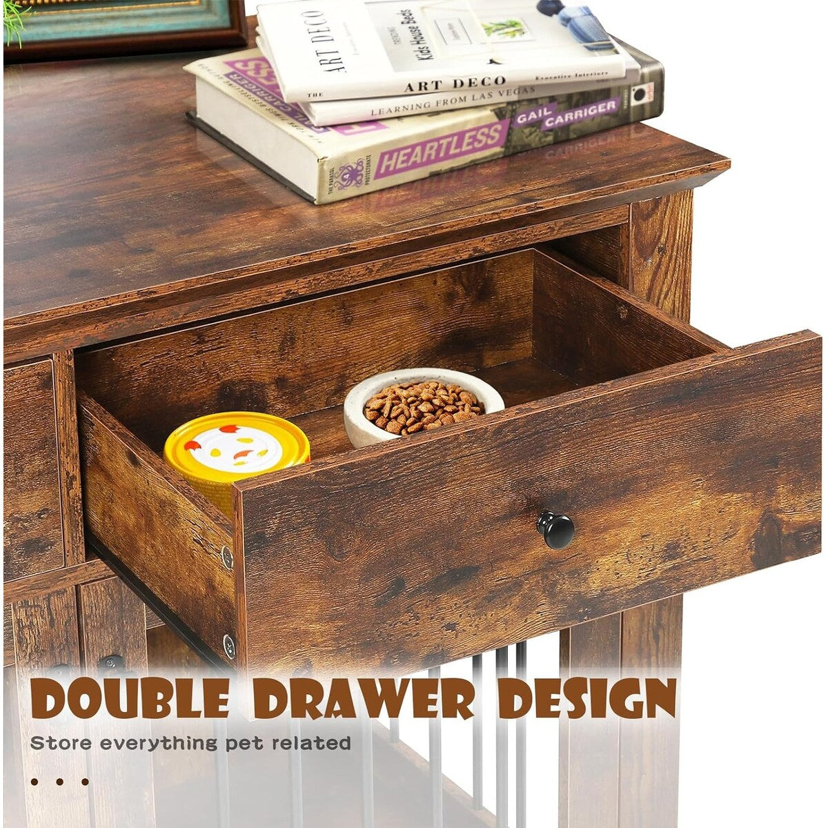 Meuble pour cage de 112 cm (44 pouces) BOSSIN, niche en bois avec table d'appoint et tiroirs de rangement, niche décorative pour animaux de compagnie