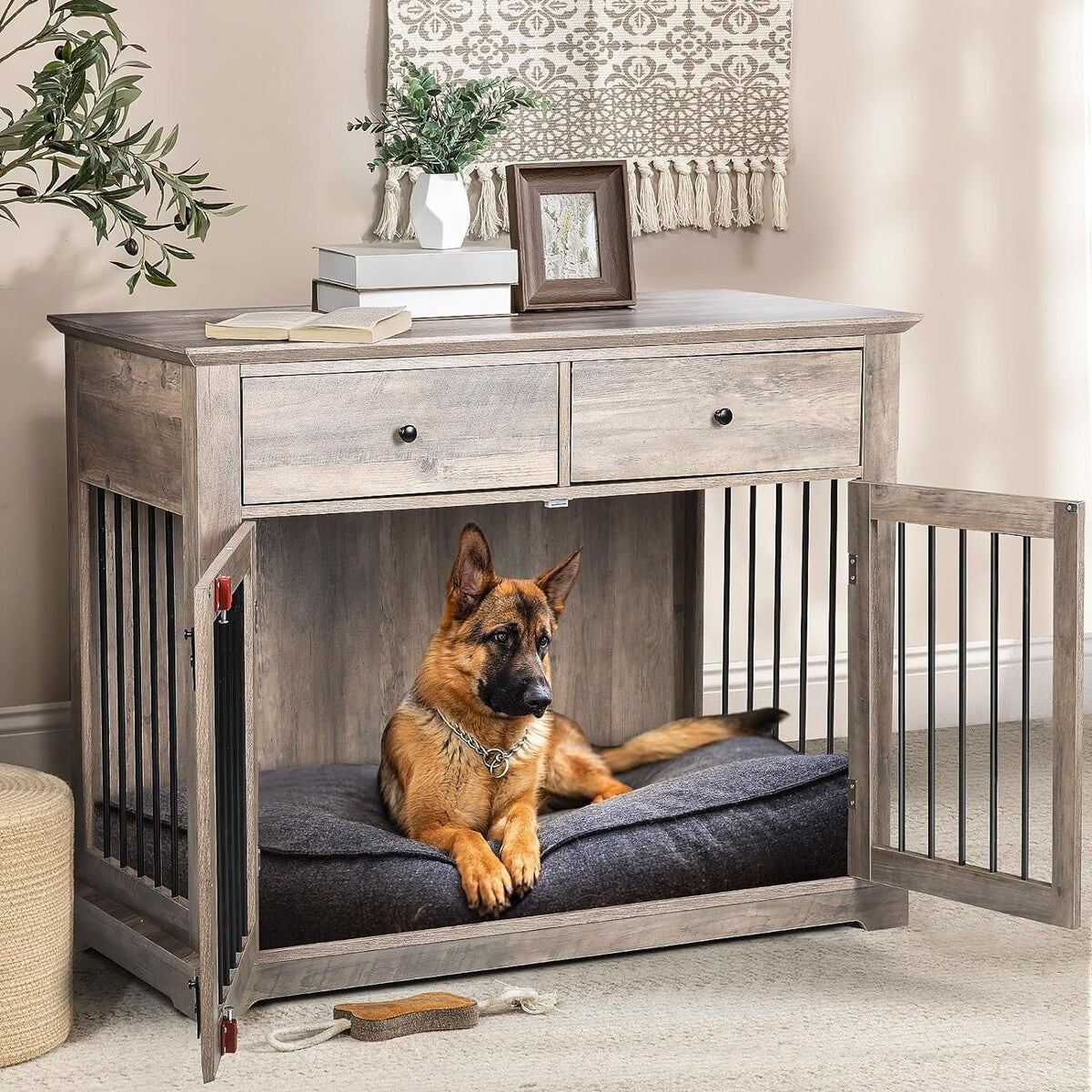 Meuble pour cage de 112 cm (44 pouces) BOSSIN, niche en bois avec table d'appoint et tiroirs de rangement, niche décorative pour animaux de compagnie