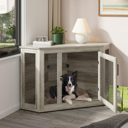 Meuble d'angle pour chien BOSSIN, niche en bois de 44/52 pouces avec filet, niche décorative en bois pour l'intérieur