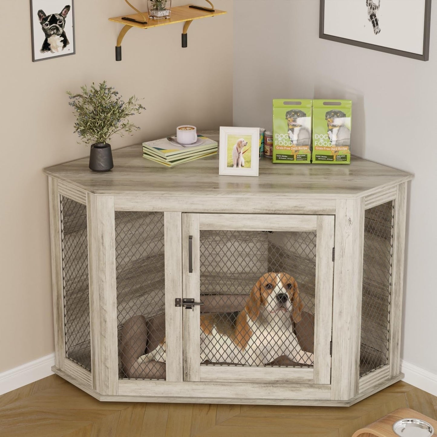 Meuble d'angle pour chien BOSSIN, niche en bois de 44/52 pouces avec filet, niche décorative en bois pour l'intérieur