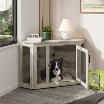 Meuble d'angle pour chien BOSSIN, niche en bois de 44/52 pouces avec filet, niche décorative en bois pour l'intérieur