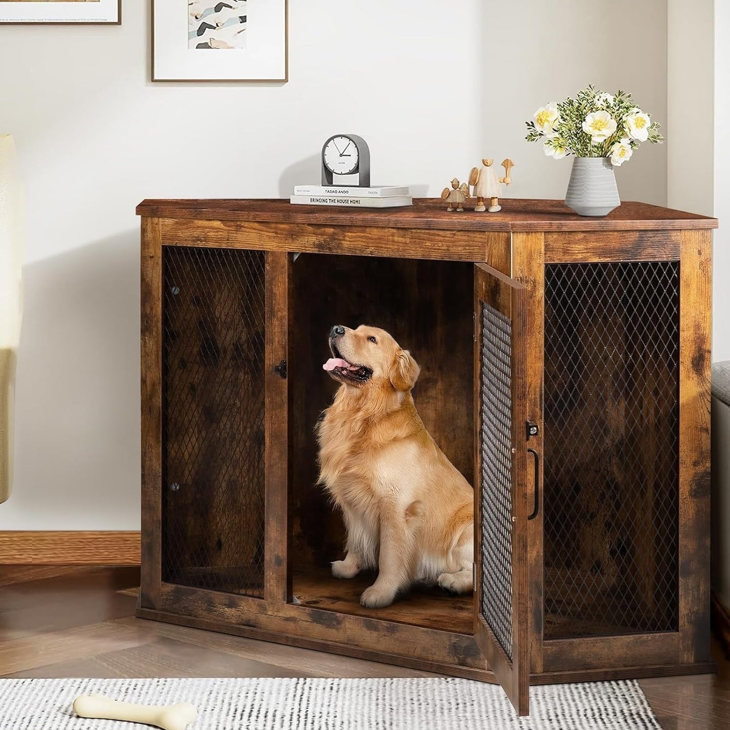Meuble d'angle pour chien BOSSIN, niche en bois de 44/52 pouces avec filet, niche décorative en bois pour l'intérieur