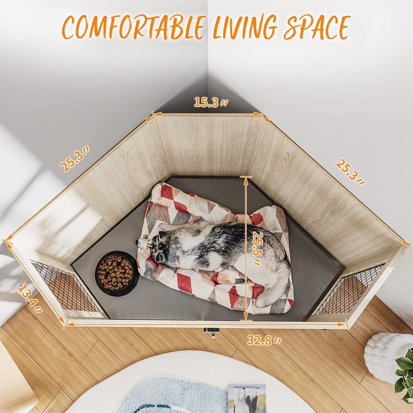 Meuble d'angle pour chien BOSSIN, niche en bois de 44/52 pouces avec filet, niche décorative en bois pour l'intérieur