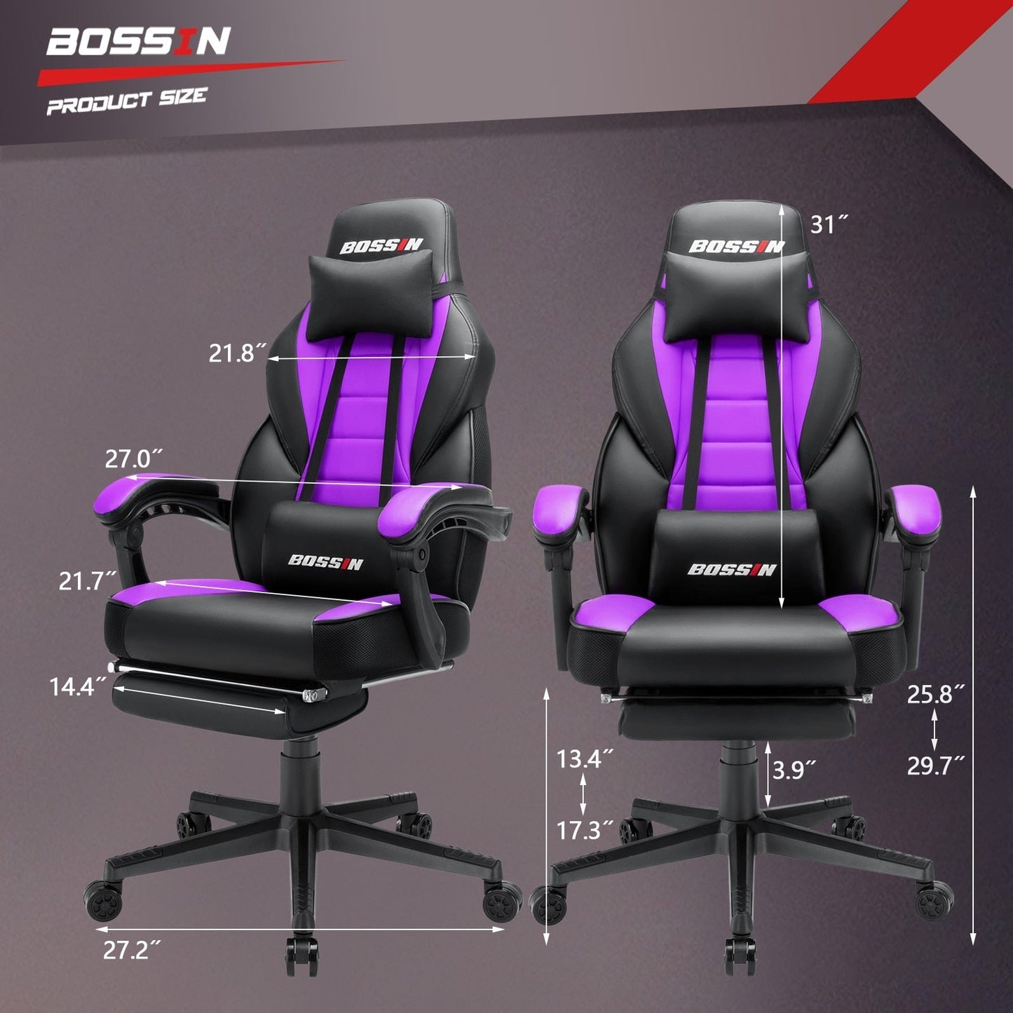 Chaise de jeu BOSSIN style racing, chaise de jeu grande taille (136 kg) avec dossier haut