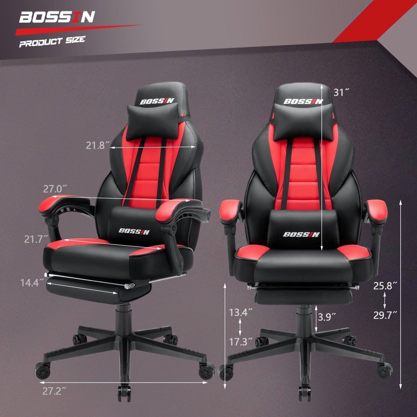 Chaise de jeu BOSSIN style racing, chaise de jeu grande taille (136 kg) avec dossier haut