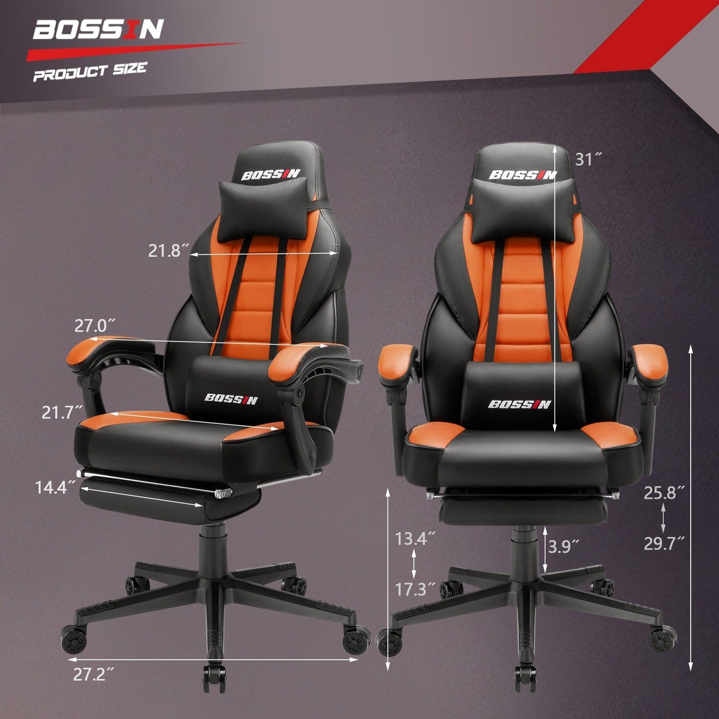Chaise de jeu BOSSIN style racing, chaise de jeu grande taille (136 kg) avec dossier haut