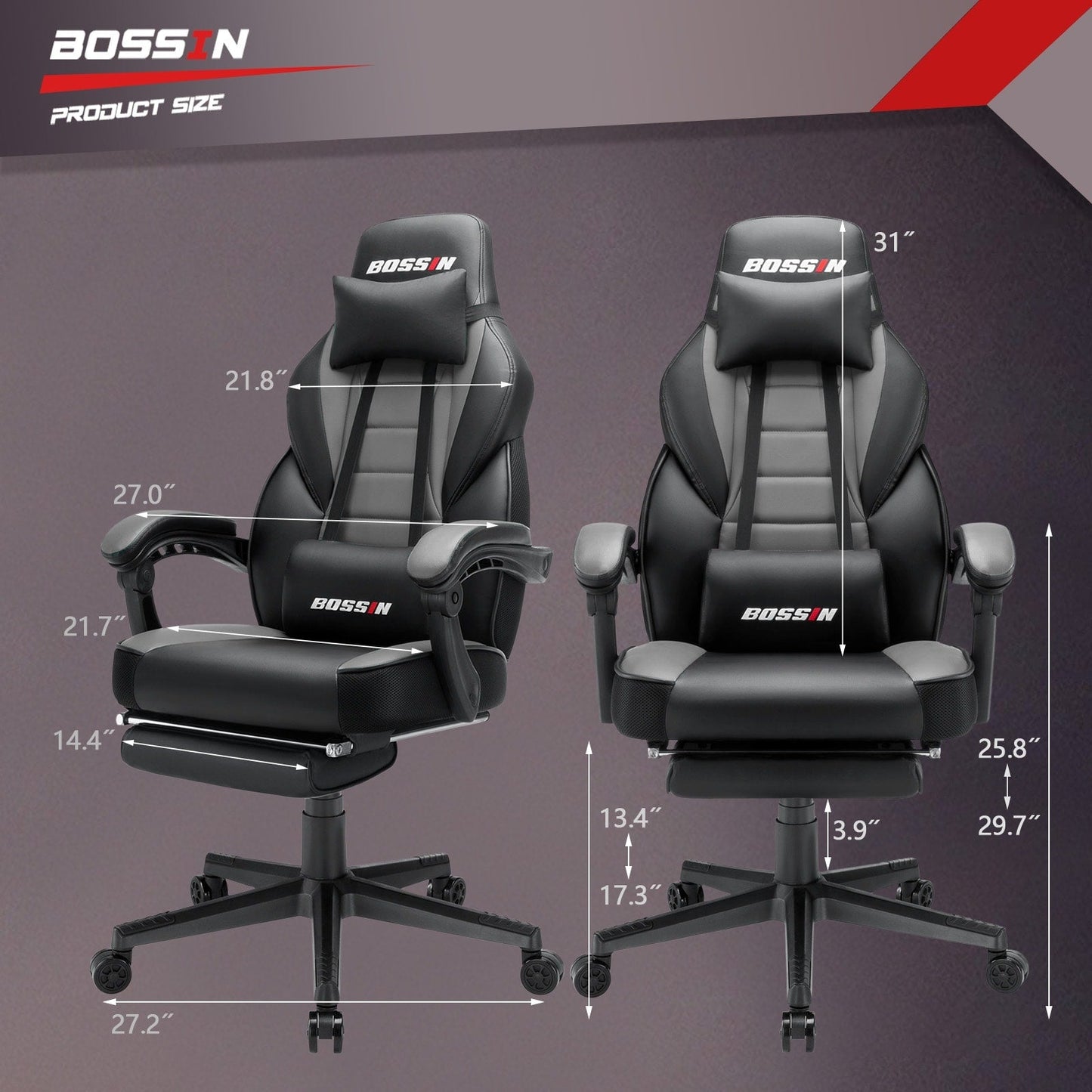 Chaise de jeu BOSSIN style racing, chaise de jeu grande taille (136 kg) avec dossier haut