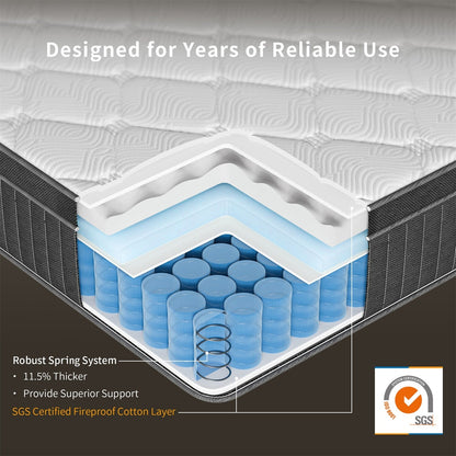 Matelas hybride à ressorts ensachés SweDrea de 30 cm (12 po) avec système de refroidissement et isolation des mouvements, certifié CertiPUR-US, SGS et OEKO-TEX.