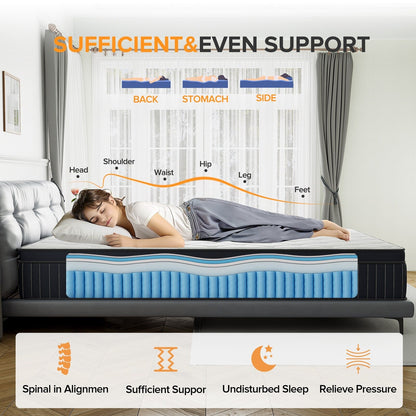 Matelas hybride à ressorts ensachés SweDrea de 30 cm (12 po) avec surmatelas en mousse à mémoire de forme et gel, certifié CertiPUR-US, SGS et OEKO-TEX.