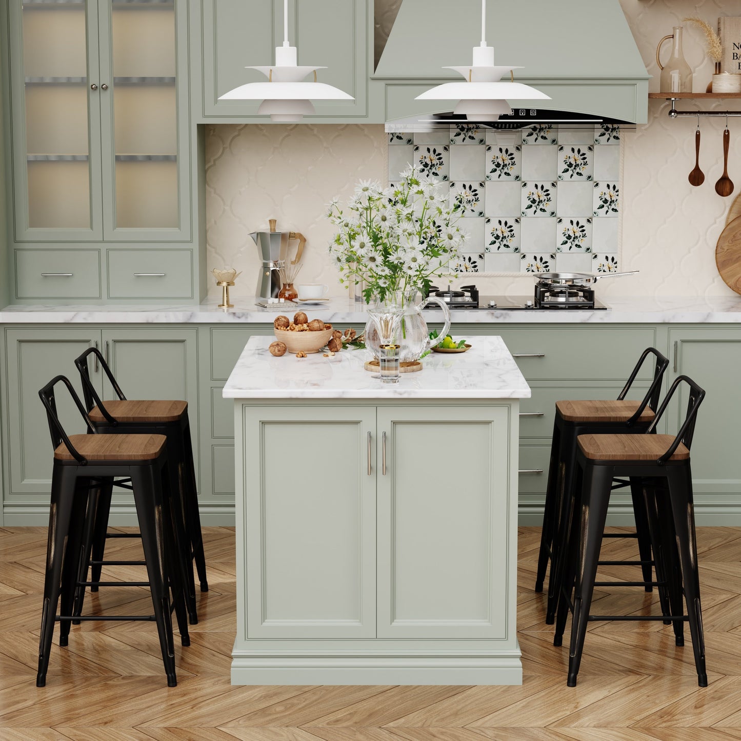 Ensemble de 4 tabourets de bar industriels en métal avec dossier et assise en bois