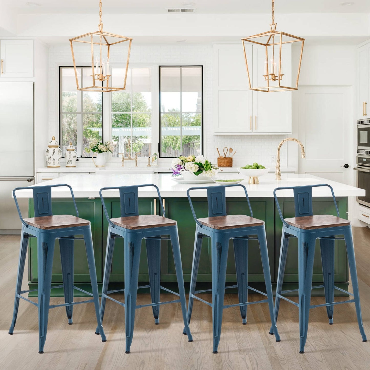 Ensemble de 4 tabourets de bar industriels en métal avec dossier et assise en bois