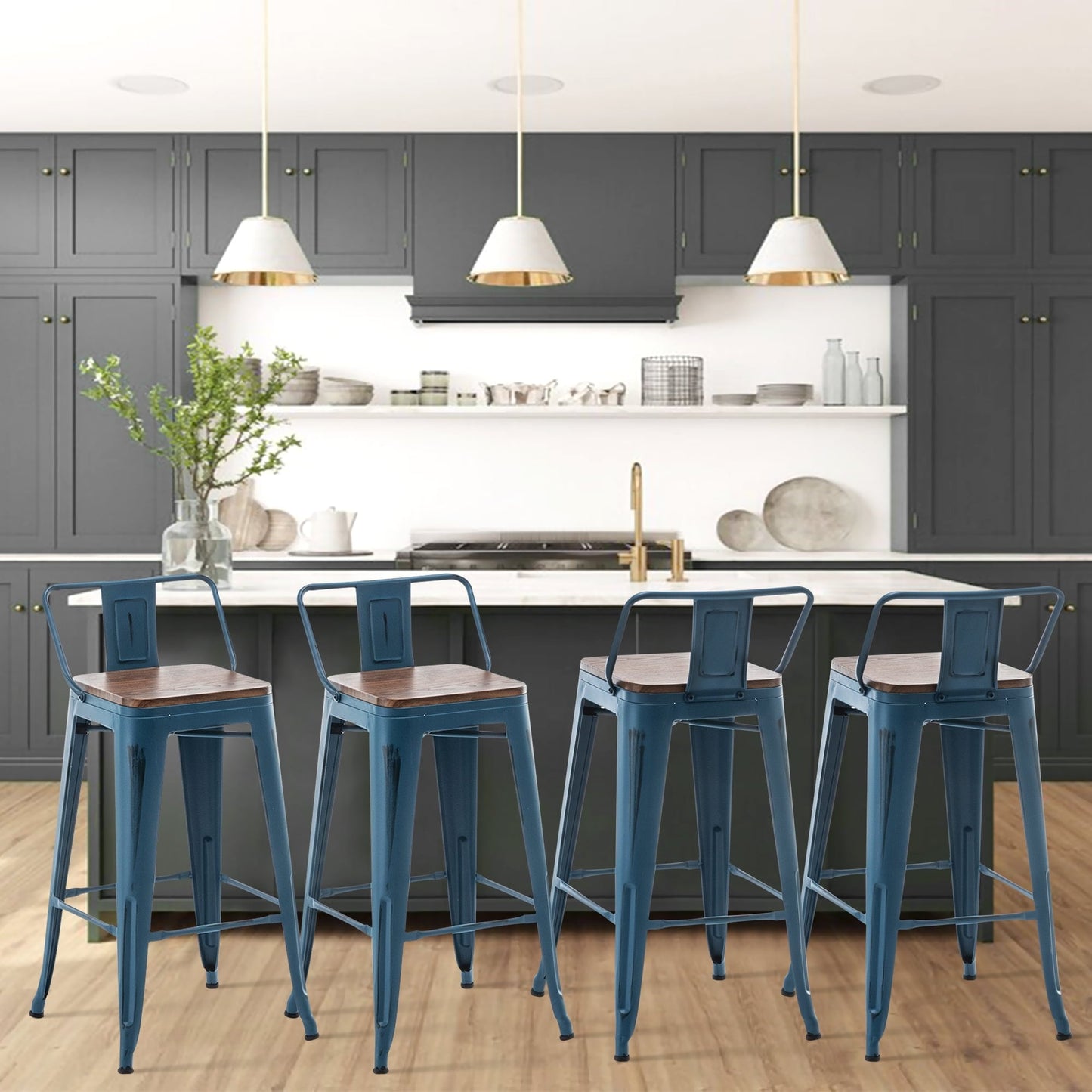 Ensemble de 4 tabourets de bar industriels en métal avec dossier et assise en bois