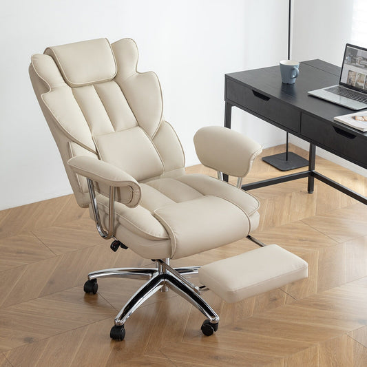 Fauteuil de bureau ergonomique pivotant à 360° en cuir reconstitué beige, dossier haut, soutien lombaire, repose-pieds et hauteur réglable.