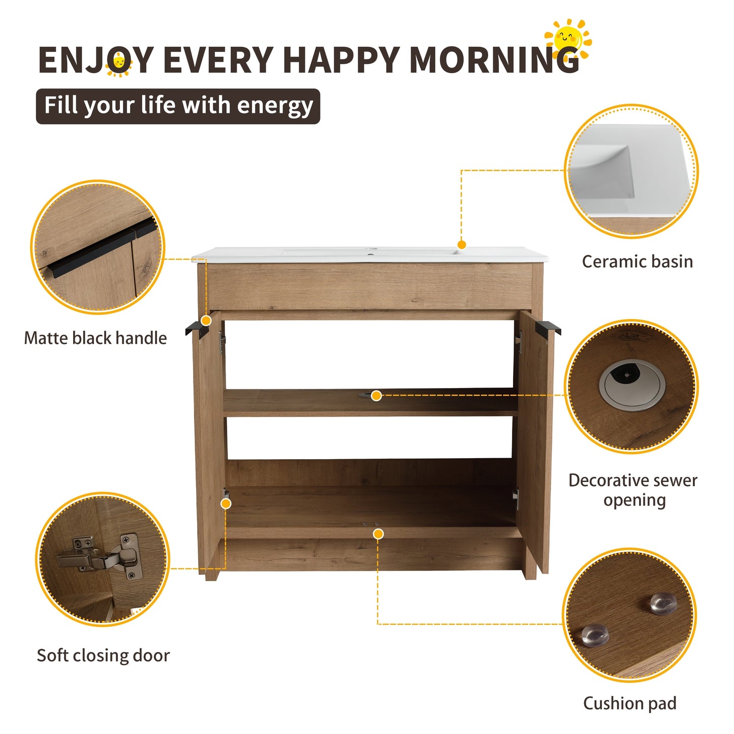 Meuble-lavabo Beingnext 24/30/36 avec vasque, meuble-lavabo autoportant avec porte à fermeture douce et étagère réglable