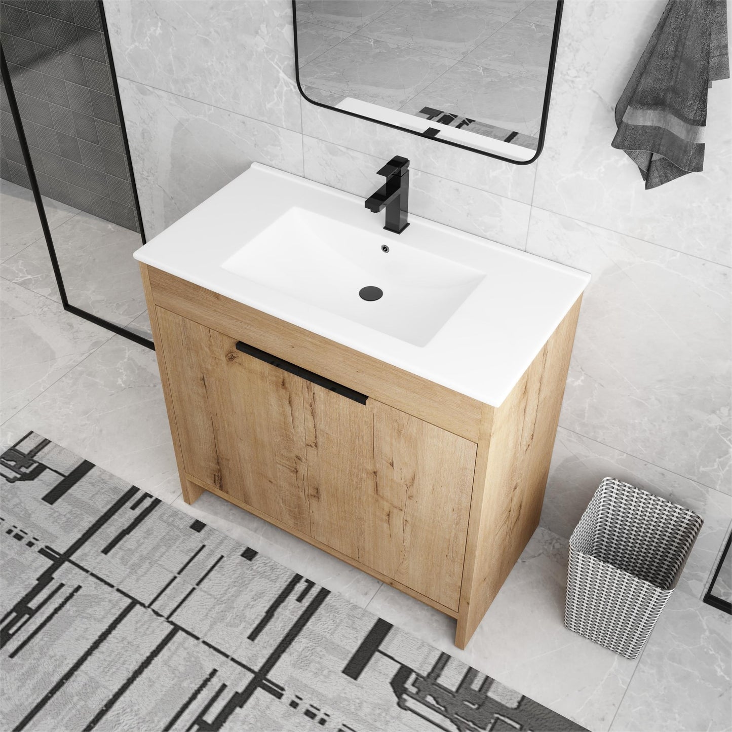 Meuble-lavabo Beingnext 24/30/36 avec vasque, meuble-lavabo autoportant avec porte à fermeture douce et étagère réglable