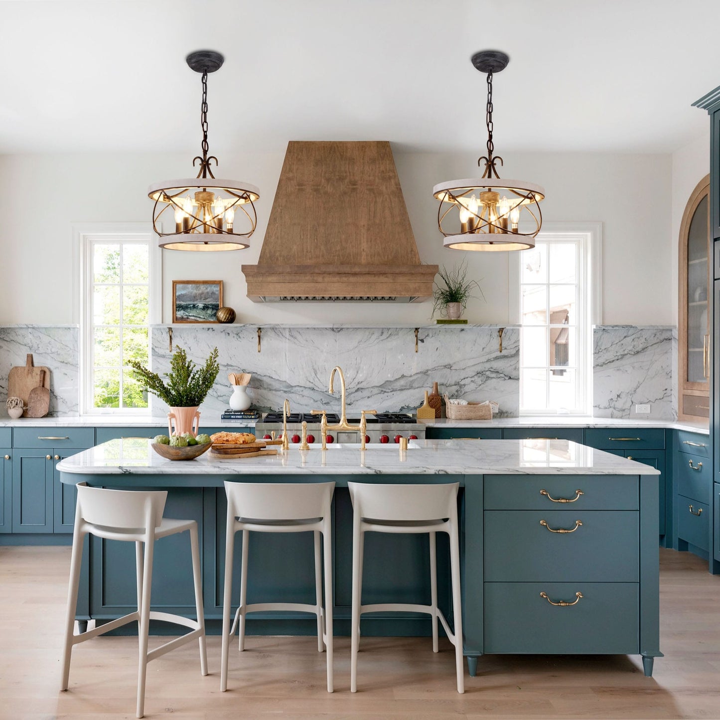 Lustre rustique Bella Depot à 5 lumières en bois avec cage, éclairage à intensité variable, suspension de style ferme réglable de 15,7 pouces pour îlot de cuisine