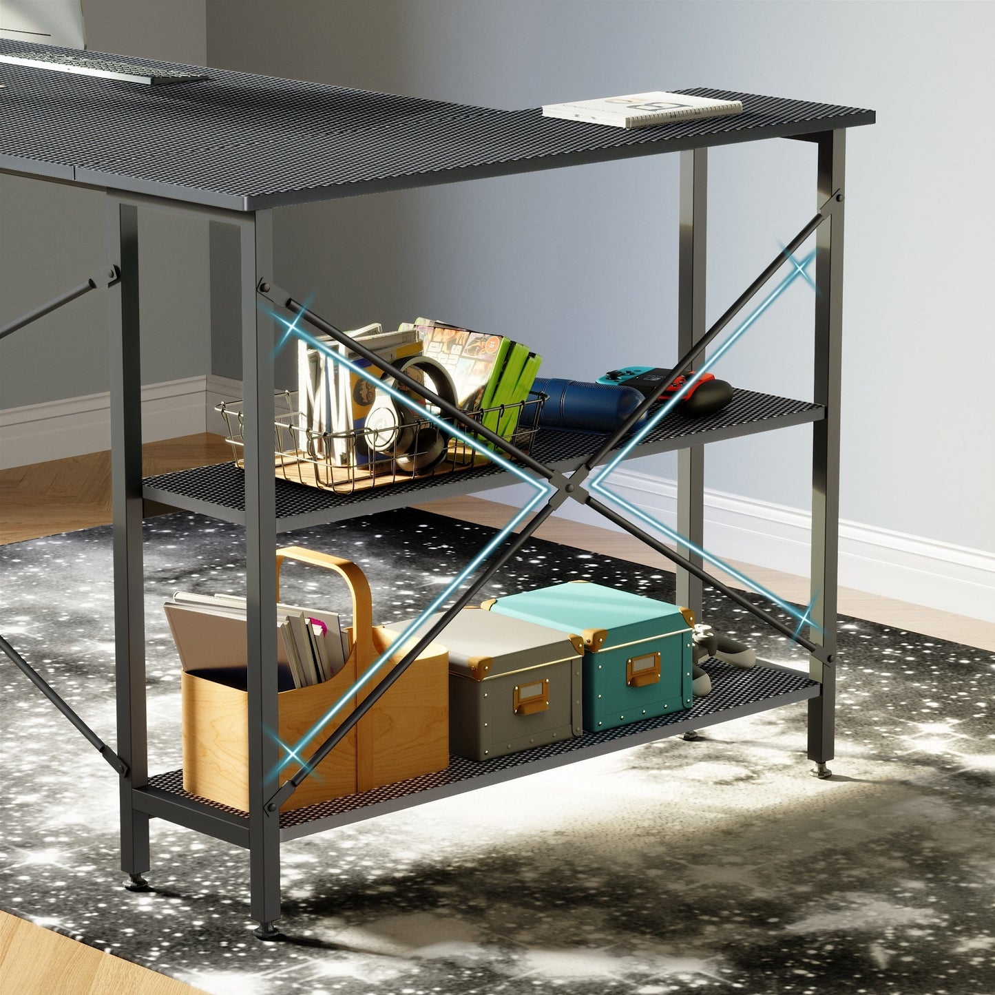 Petit bureau d'angle en forme de L avec étagères de rangement