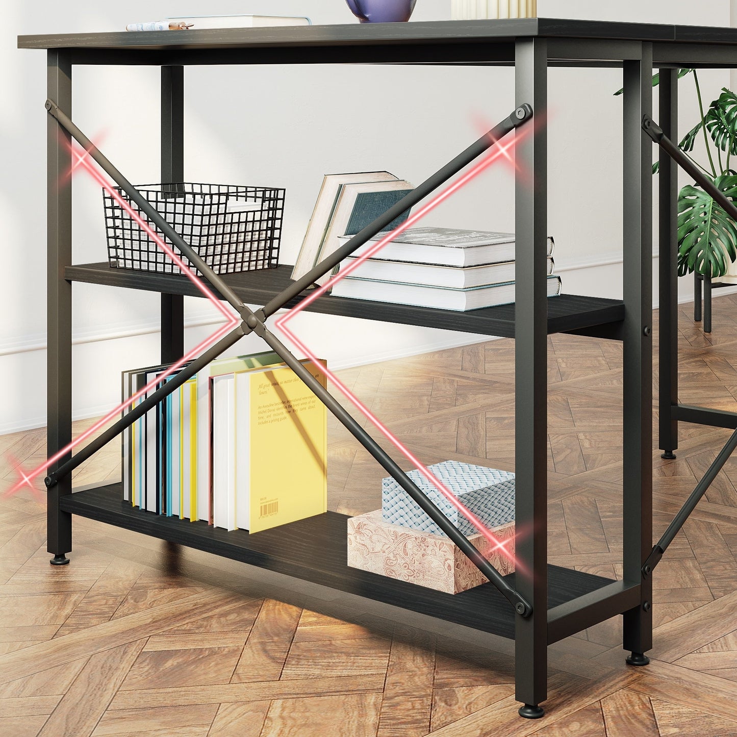 Petit bureau d'angle en forme de L avec étagères de rangement