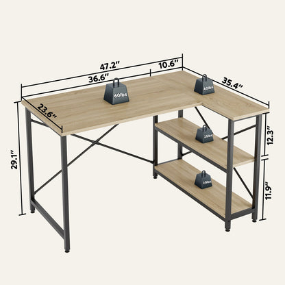 Petit bureau d'angle en forme de L avec étagères de rangement