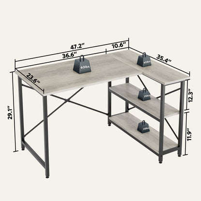 Petit bureau d'angle en forme de L avec étagères de rangement