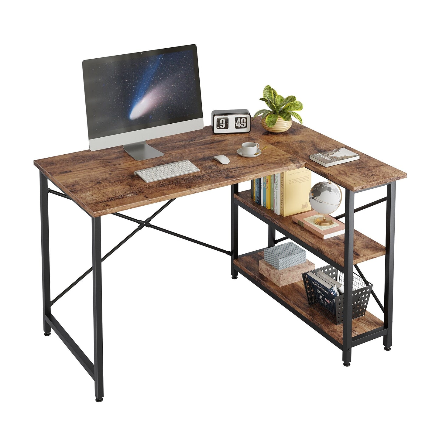 Petit bureau d'angle en forme de L avec étagères de rangement
