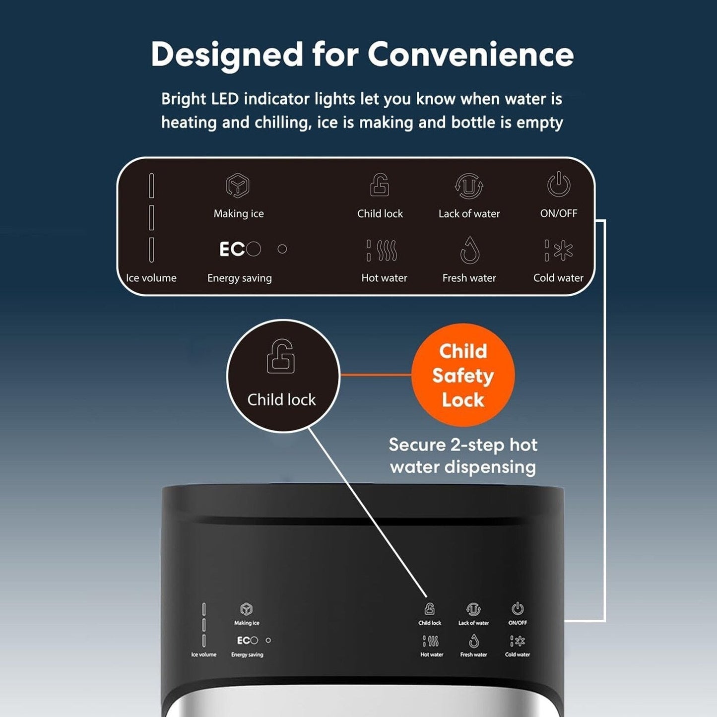 Distributeur d'eau chaude et froide 3 en 1 noir avec machine à glaçons
