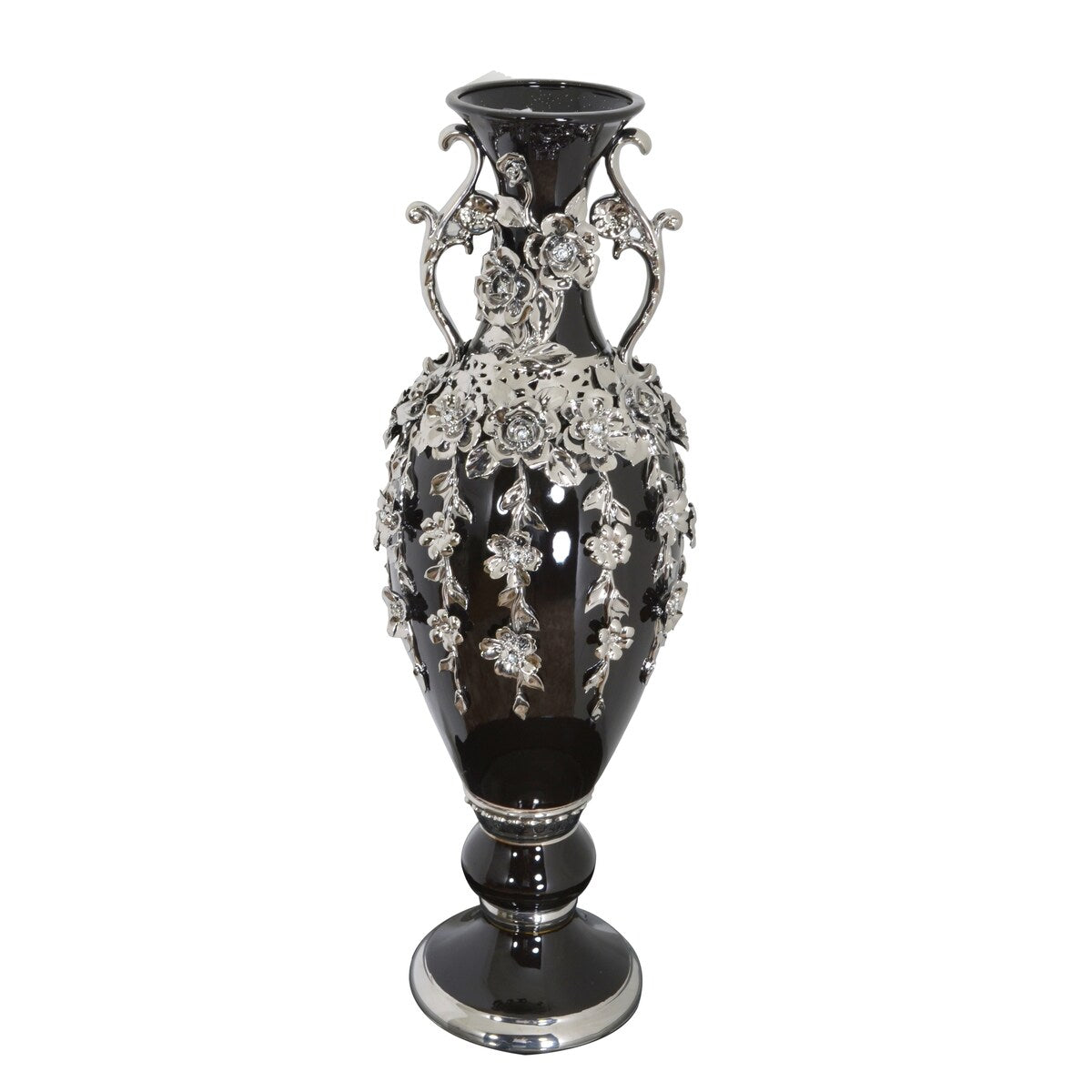 Vase noir et argent orné de pierres précieuses, 89 cm de haut.