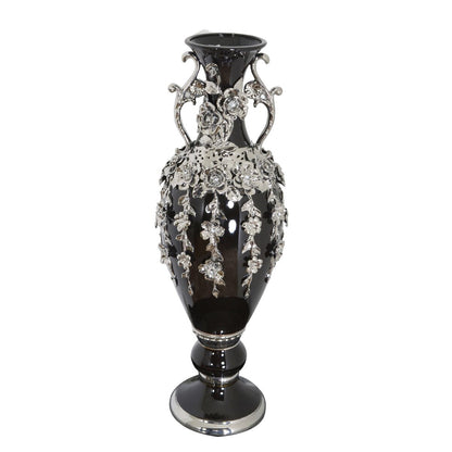 Vase noir et argent orné de pierres précieuses, 89 cm de haut.