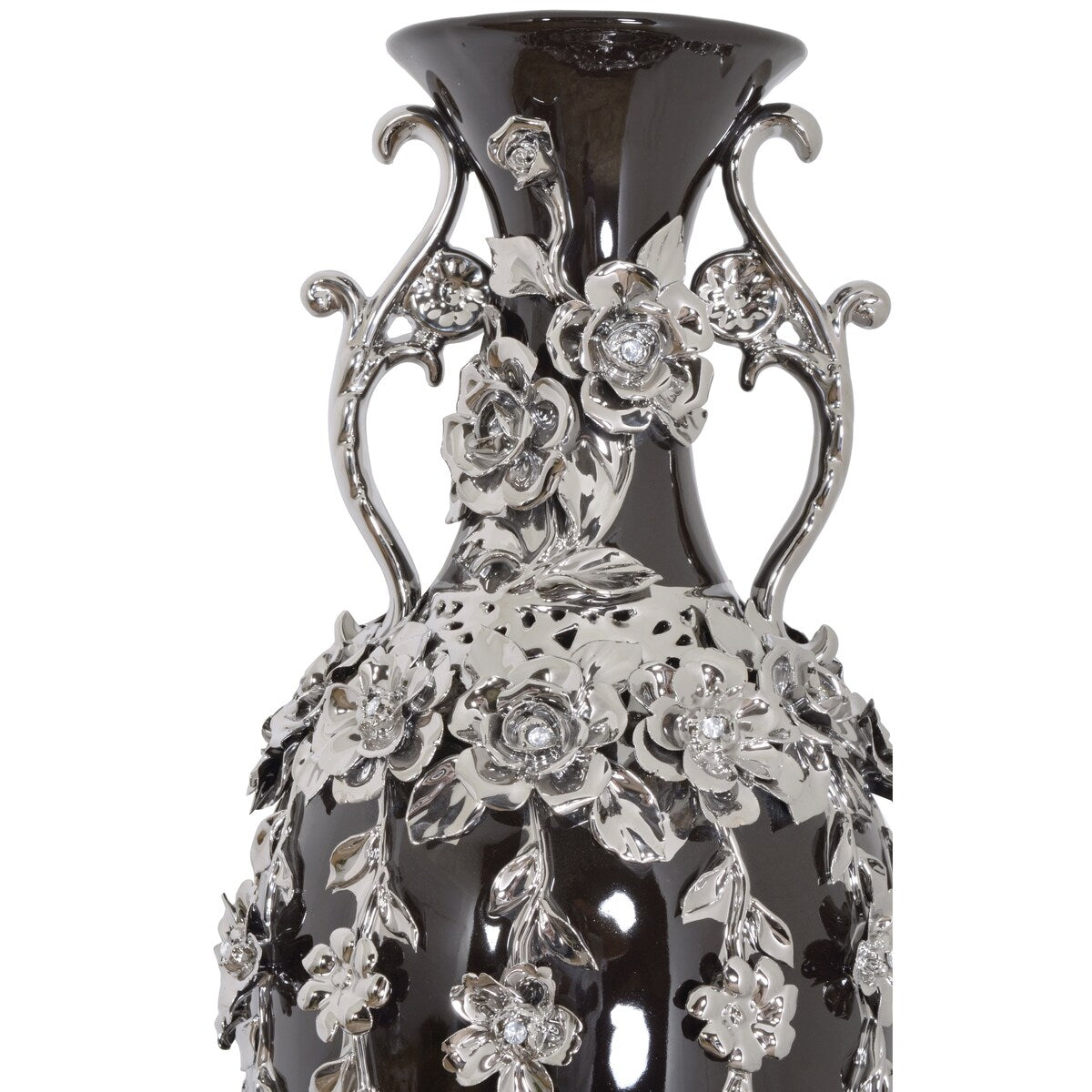 Vase noir et argent orné de pierres précieuses, 89 cm de haut.