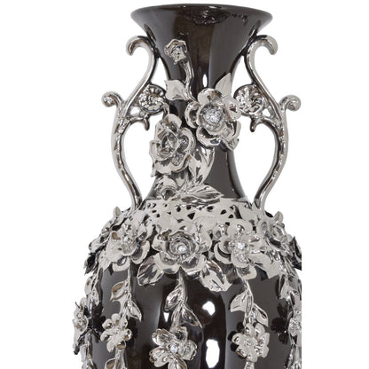 Vase noir et argent orné de pierres précieuses, 89 cm de haut.