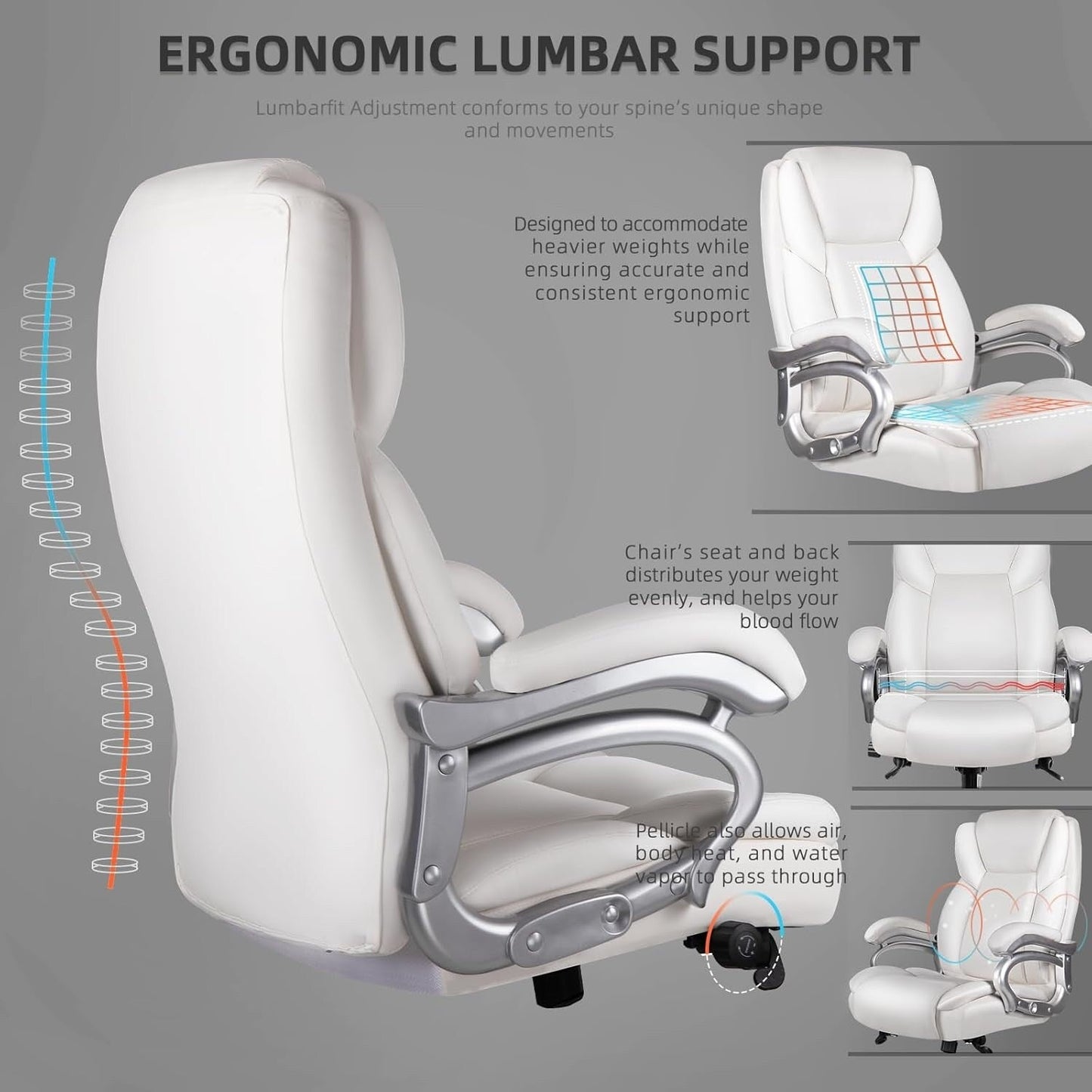 Fauteuil de bureau Bossin pour grandes et moyennes tailles, support lombaire réglable jusqu'à 227 kg, fauteuil ergonomique avec dossier haut en cuir PU pour ordinateur