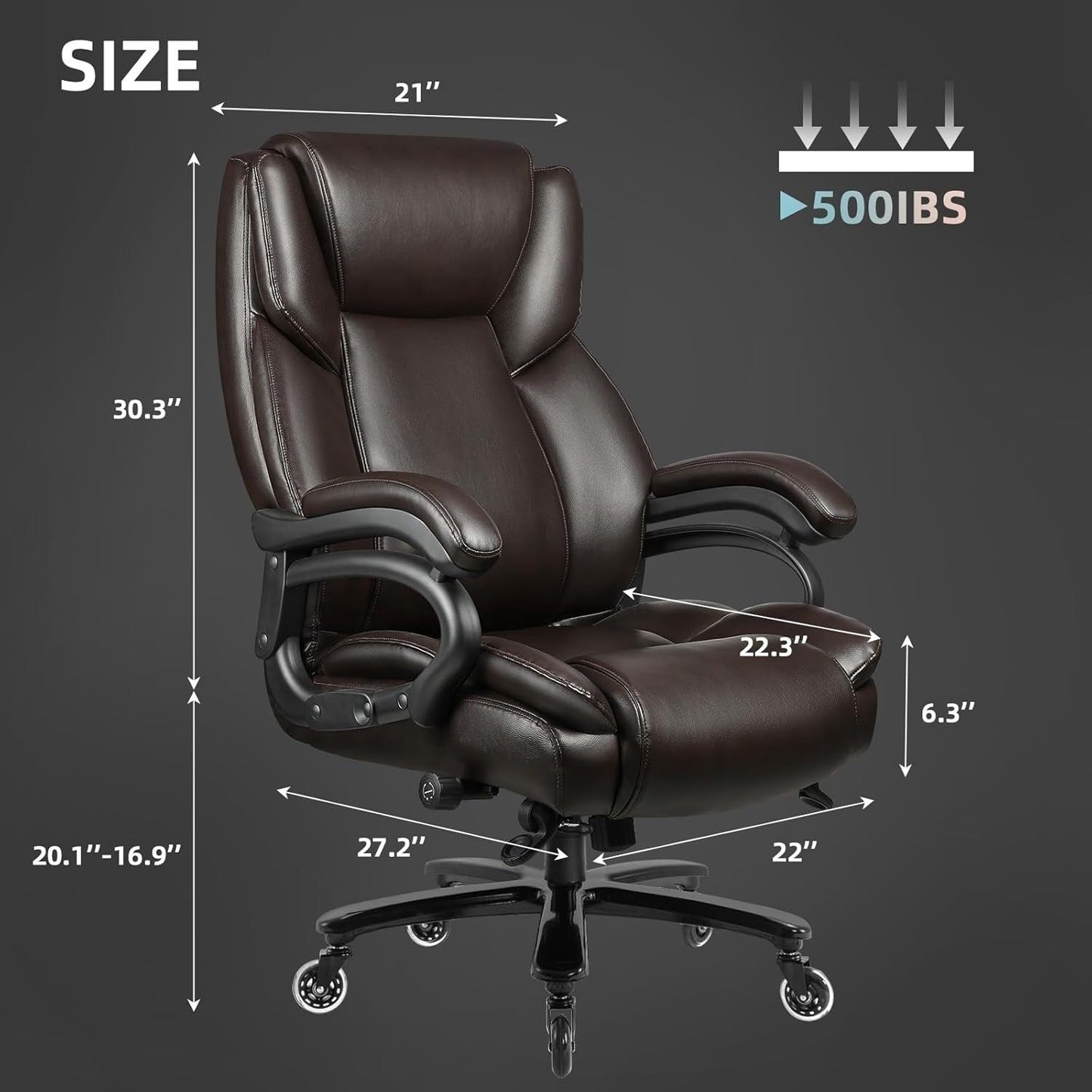 Fauteuil de bureau Bossin pour grandes et moyennes tailles, support lombaire réglable jusqu'à 227 kg, fauteuil ergonomique avec dossier haut en cuir PU pour ordinateur