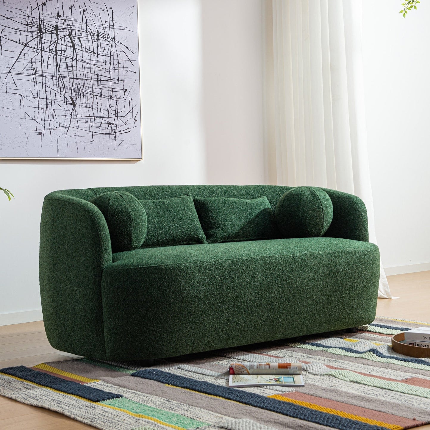 Canapé 2 places KINWELL en tissu bouclé avec coussins