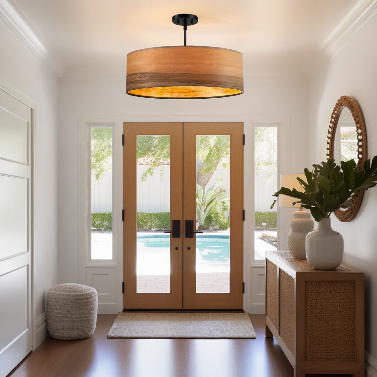 Lustre tambour Breaux à 4 lumières en placage de bois avec rosace noire - 56 cm (22 po) de largeur