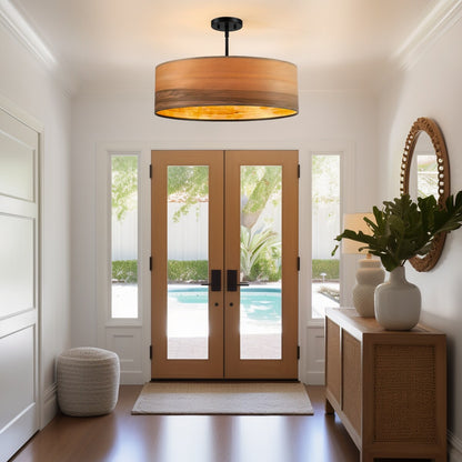 Lustre tambour Breaux à 4 lumières en placage de bois avec rosace noire - 56 cm (22 po) de largeur