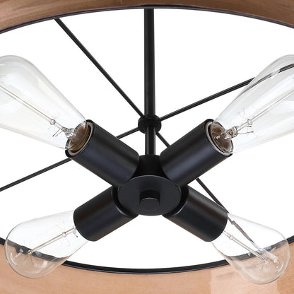 Lustre tambour Breaux à 4 lumières en placage de bois avec rosace noire - 56 cm (22 po) de largeur